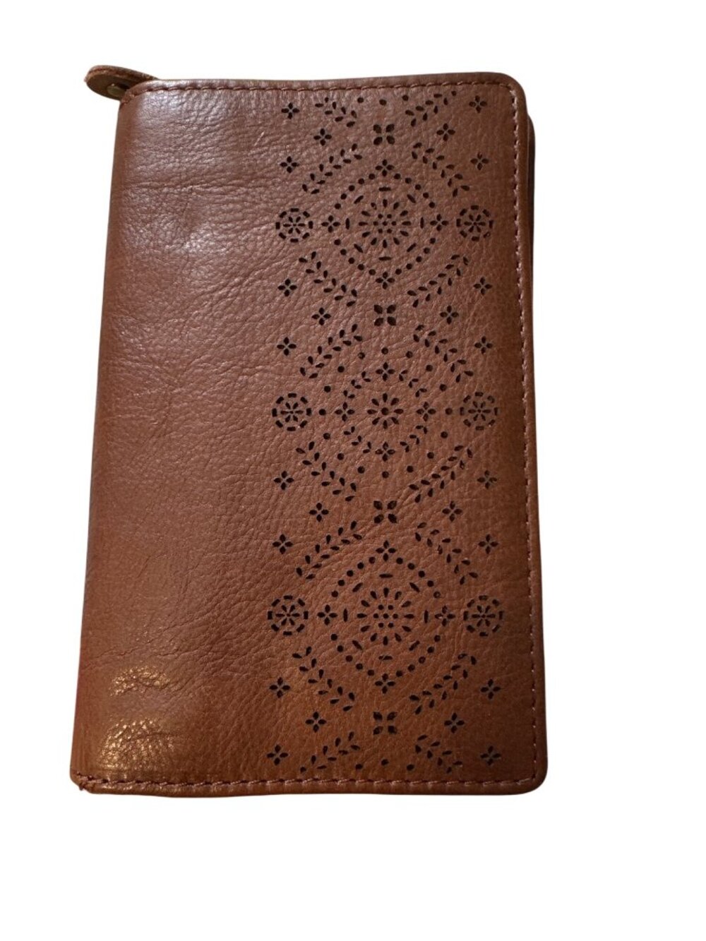 Brown Genuine Leather Wallet With Laser-Cut Design Multiple Card Slots Snap & Zi